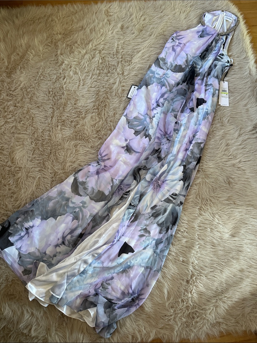 Calvin Klein Lavender & Gray Floral Halter Evening Gown